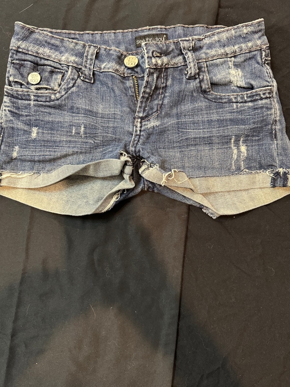 See Thru Soul Distressed Denim Short Shorts - Blue